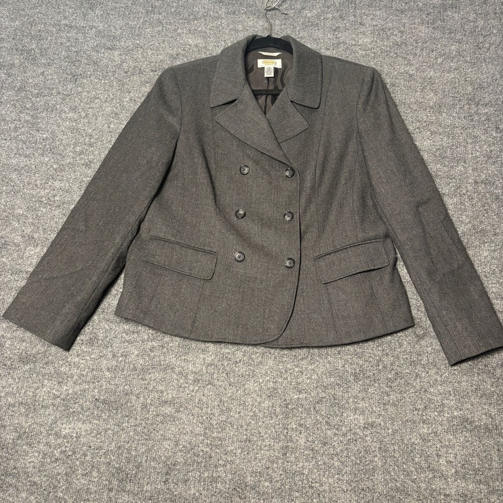 Talbots Double Breasted Blazer Women 14P Grey Italian Fabric 100% Wool‎ Career